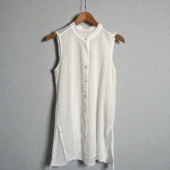 Eileen Fisher Organic Cotton Voile Box Mandarin Button Tunic in White sz S, $198
